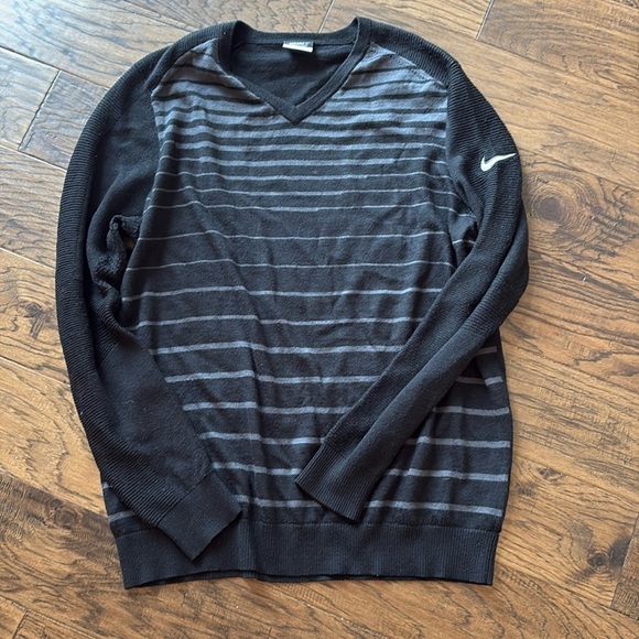 Vintage NIKE Golf V Neck Merino Wool Sweater - Black w/ Grey Stripes XL - Picture 1 of 4